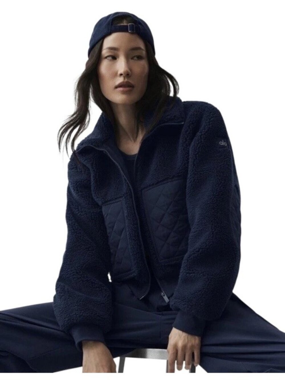 Alo Yoga Sherpa Edge Bomber Cropped Jacket Womens Size Small Navy Blue EUC $228